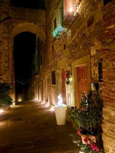 un callejón con un edificio de piedra con luces y plantas en Nero Gioconda, en Anghiari