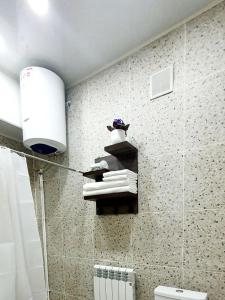 a bathroom with a toilet and a shelf with towels at Ocean hotel in Osh
