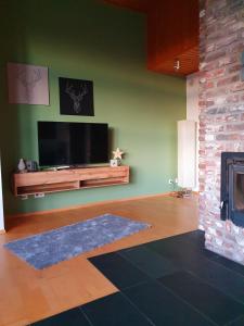 a living room with a fireplace and a flat screen tv at Fewo Eifelhöhe in Kelberg