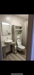 La salle de bains est pourvue de toilettes et d'un lavabo. dans l'établissement Plein Soleil 1, à Martigny-Ville