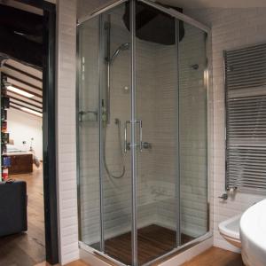 a glass shower in a bathroom with a sink at Casa Legami Charme&Relax in Bergamo