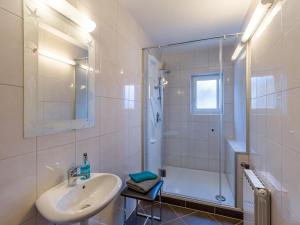 Un baño blanco con lavabo y ducha. en Alte Schmiede Talbach, en Laimach 21 fotos más