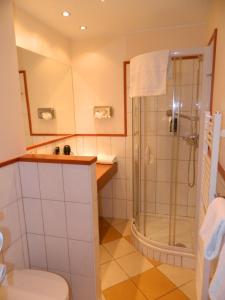 a bathroom with a shower and a toilet at Gasthaus - Pension Kärntnerhof in Faak am See