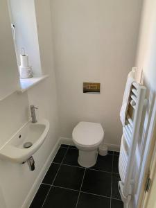 a bathroom with a white toilet and a sink at Abbotsleigh Rest - close to Glastonbury Abbey in Glastonbury