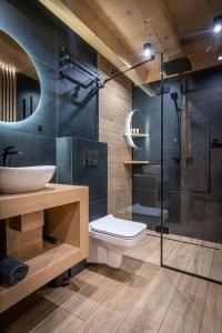 a bathroom with a toilet and a sink and a shower at Górska Baja Premium House in Witów +39 photos