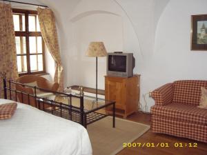 een kamer met een bed, een tv en een bank bij Casa cu Cerb in Sighişoara