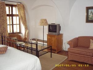 a room with a bed and a tv and a couch at Casa cu Cerb in Sighişoara