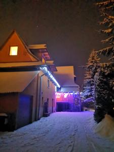 ザコパネにあるPokoje u Arkaの夜間のクリスマスライト付きの建物