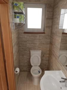 La salle de bains est pourvue de toilettes, d'un lavabo et d'une fenêtre. dans l'établissement Budapest Wigwam 140 m2, à Budapest