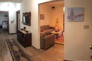ein Wohnzimmer mit Sofa und Weihnachtsbaum in der Unterkunft Helen's House in Tríkala