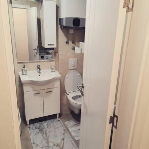 Un baño con un inodoro blanco y un lavabo. en Apartman Casa Lukavica Istočno Sarajevo, en Lukavica 6 fotos más