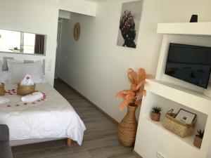 una camera da letto con un letto e una TV a schermo piatto di Lady laying a Le Diamant