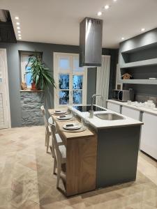 a kitchen with a island with a sink and a table at medium miramare appartamento sogno sul mare in Trieste