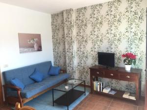 uma sala de estar com um sofá azul e uma televisão em VV El Almendro em Tejeda