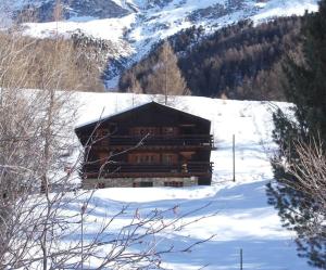 una baita di tronchi nella neve con una montagna di Chalet Singlinaz a Zinal