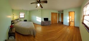 a bedroom with a bed and a ceiling fan at Riverside Retreat and Arcade in Tazewell