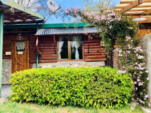 a house with a large bush in front of it at Cabañas del Faldeo Titos in El Bolsón