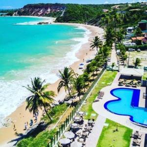 an aerial view of a beach with palm trees and the ocean at Apartamento em Tabatinga in Conde