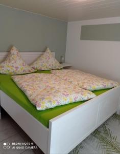 een slaapkamer met een bed met een wit frame en kussens bij Michel's Ferienwohnung in Kurort Gohrisch