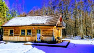 una pequeña cabaña de madera en la nieve en el bosque en Vergi puhkemajad, en Vergi