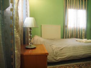 a bedroom with a bed and a lamp on a table at Adam's House in Tríkala