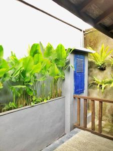 uma varanda com uma porta azul e algumas plantas em WARISAN Heritage Boutique Hotel em Surakarta