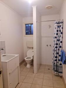a white bathroom with a toilet and a sink at City Centre Apartments in Coober Pedy