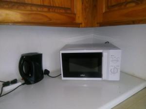 a microwave sitting on a counter next to a speaker at Overnight Stay in Johannesburg