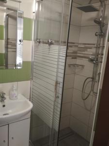 a bathroom with a glass shower and a sink at J&K Štrba in Poprad