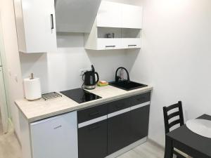 una pequeña cocina con armarios blancos y fregadero negro en Apartamentai Nidos centre Taikos g, en Nida