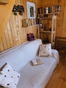 una sala de estar con un sofá con un libro. en Casa Bando, en Moacşa