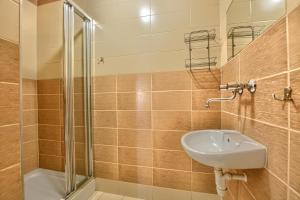 W łazience znajduje się umywalka i prysznic. w obiekcie Apartdom w mieście Krynica Zdrój
