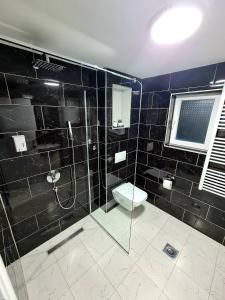 a black tiled bathroom with a toilet and a shower at Apartment Djurdjic in Pale