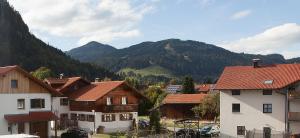 a village with houses and mountains in the background at Ferienwohnung zum Traumblick in Pfronten
