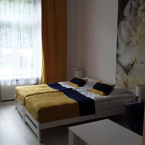 a bedroom with a bed and a window at Apartament Na Dworcu in Jedlina-Zdrój +14 photos