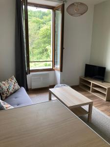 a living room with a coffee table and a window at L'AUBERGE DE LA GOUTILLE in Capvern