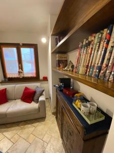 a living room with a couch and a shelf with books at Il Ciapiné in Giaveno