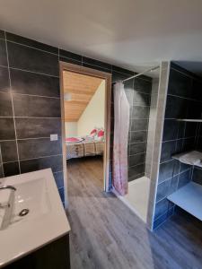 a bathroom with a sink and a shower and a bedroom at Maison + jardin vue sur les montagnes in Barcelonnette