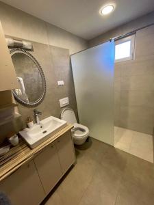 a bathroom with a toilet and a sink and a mirror at Apartman Vera in Kremna