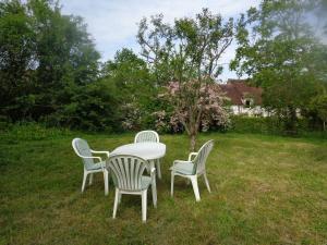 a white table and chairs in the grass at Charmante maison in Grand Bailly