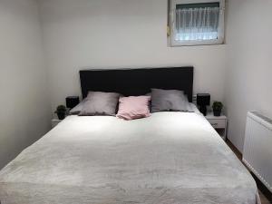 a bedroom with a large bed with two pink pillows at Elida in Burgrieden