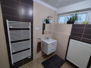 a bathroom with a white sink and a mirror at Apartmán Jarka in Bodice +8 photos