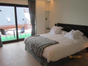 1 dormitorio con 1 cama grande y vistas a un patio en Mauberme Mountain Boutique Hotel, en Salardú
