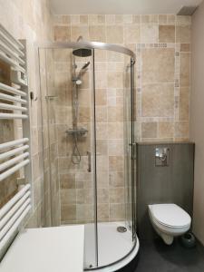 uma casa de banho com um chuveiro e um WC. em Les Cloches de Corneville em Corneville-sur-Risle