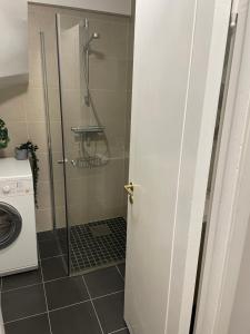 una ducha con puerta de cristal en un baño en Central Studio Apartment, en Stavanger 7 fotos más