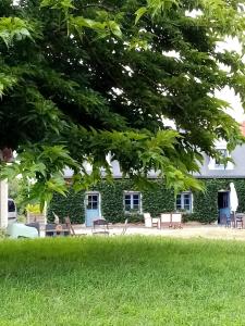 un bâtiment avec des portes et des chaises bleues sous un arbre dans l'établissement Le clos champêtre 1 chambre double et 1 lit simple, à Longué