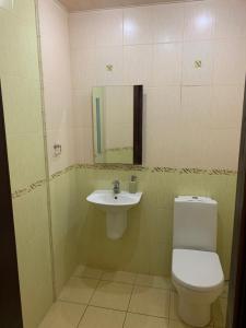 a bathroom with a toilet and a sink at Приватний будинок з сауною та більярдом in Khashchevoye