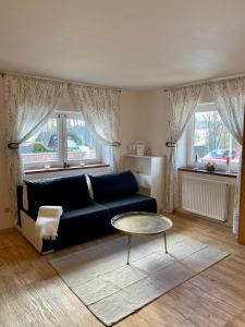 ein Wohnzimmer mit einem blauen Sofa und einem Tisch in der Unterkunft Apartmán pod lesem in Svoboda nad Úpou