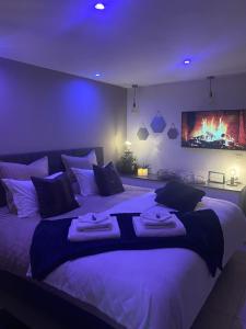 塞居勒的住宿－La suite de charme du Mas de la Fontaine de Jonquier avec SPA privatif，一间卧室配有一张紫色照明的大床