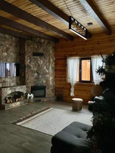 プラヴァにあるТіні Предківの石造りの暖炉とソファ付きのリビングルーム